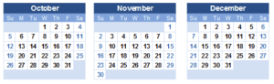 calendar of Oct - Nov - Dec 2014